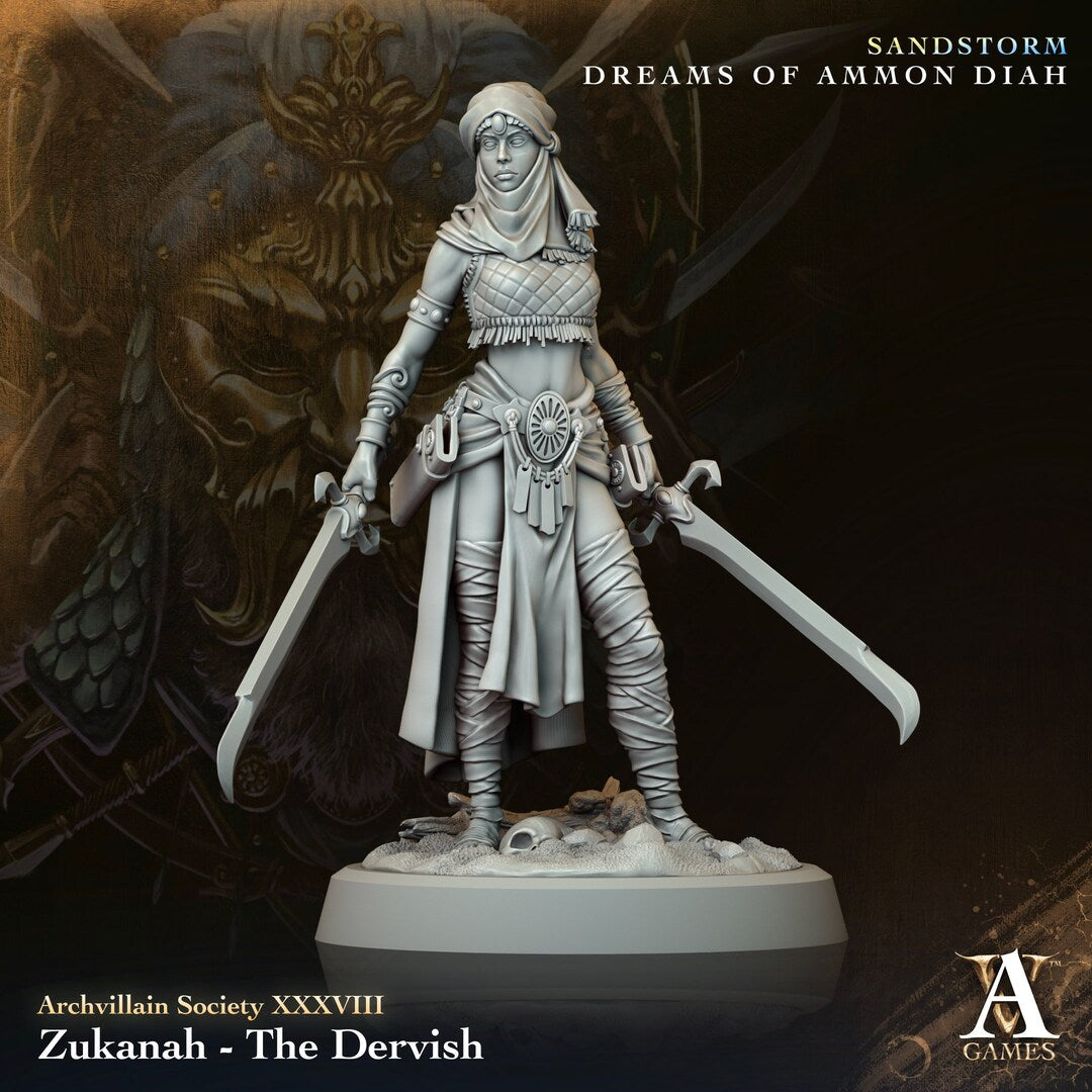 Zukanah The Dervish Warrior TTRPG Miniature Archvillain Games Society