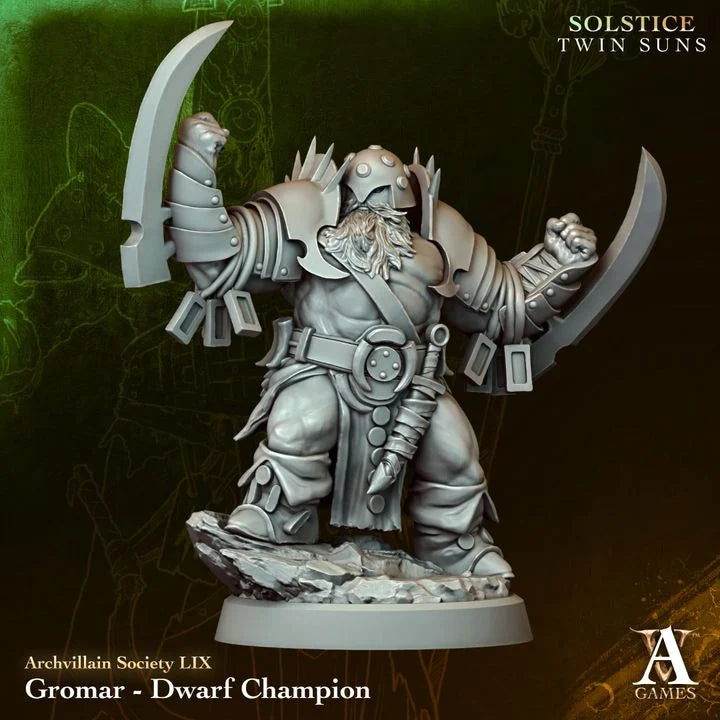 Gromar Dwarf Champion TTRPG Miniature Archvillain Games Society